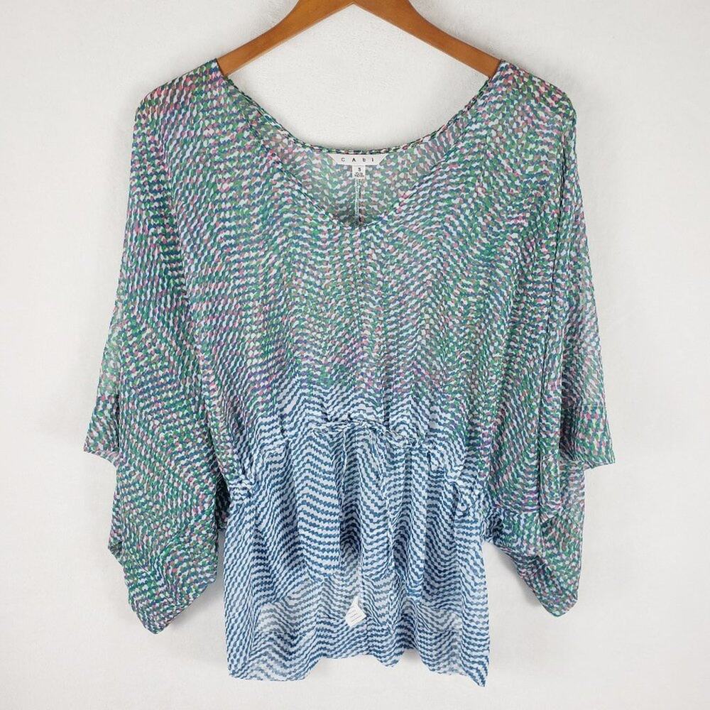 CAbi Arts Kimono Tunic Women S Sheer Blue Green Patterned Drawstring Waist 731